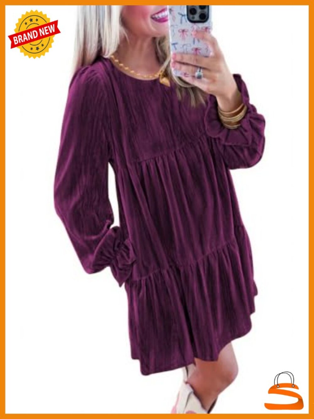 Women's Crushed Velvet Babydoll Dress Long Sleeve Semi Formal with Pockets